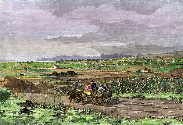 A Mormon family cart on a road in the suburbs of Salt Lake City, Utah, USA, in 1858. Lithograph from 19th century illustration