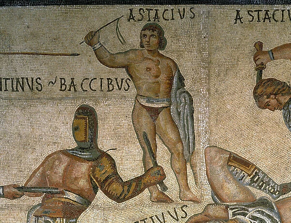 Mosaic with a scene of fighting gladiators, detail of a gladiator clad in armor