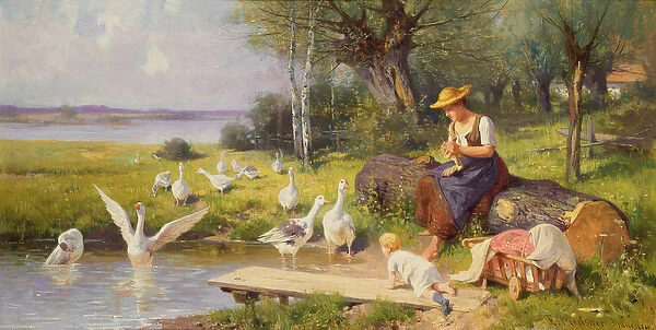 Mother and Child with Geese (oil on canvas)