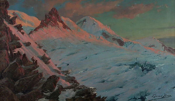 Two mountaineers arriving at Les Grands Mulets (Mont-Blanc massif) (Oil on cardboard)