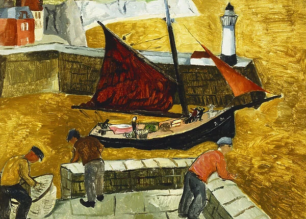 Mousehole, Cornwall, 1928 (oil on board laid down on panel)