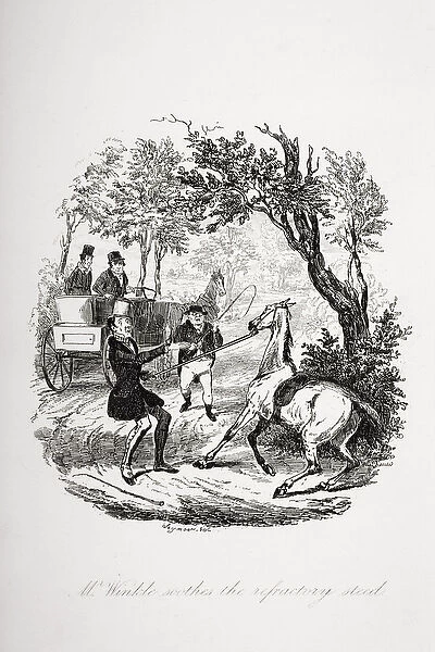 Mr. Winkle soothes the refractory steed, illustration from The Pickwick Papers