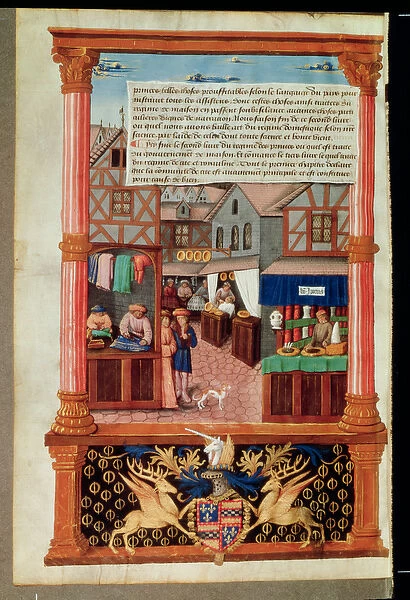 Ms 5062 fol. 149v A street with shops and the coat of arms of Robert Stuart