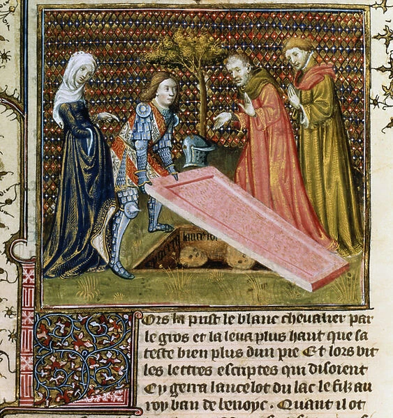 Ms. Fr. 118 f. 190 Lancelot lifts the stone off his own predestined grave