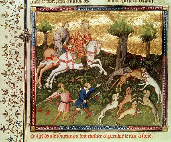 Ms Fr 616 fol. 101 Dogs attacking a leopard, from a book by Gaston Phebus de Foix (1331-91