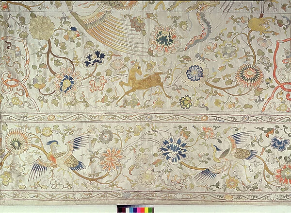 Multi-coloured silk embroidery on white satin, Chinese textile, c.1850 (detail)