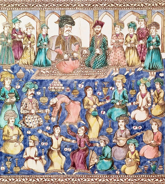 Musicians and dancers at the court of Nasser al-Din Shah Qajar (1831-96) (ceramic)