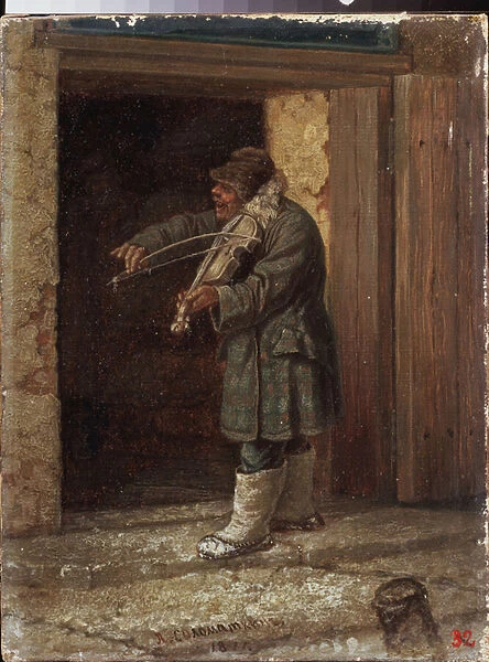 Un musicien. (Un violoniste mendiant jouant devant l entree d un batiment de campagne). Peinture de Leonid Ivanovich Solomatkin (1837-1883), 1871. Art russe, 19e siecle. State Art Museum, Ivanovo (Russie)