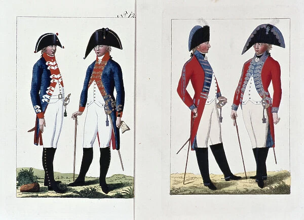 Musketeers and Officers, 1800 (coloured engraving)