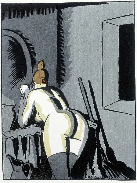 Naked woman, back, reading - in 'Le negre Leonard'by Pierre Mac Orlan, ill. de Chas. Laborde (Charles Laborde) (1886-1941), ed. of the banner, 1920