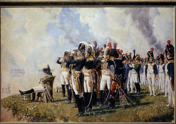 Napoleon Bonaparte (1769-1821) sur les hauteurs de Borodino. (Napoleon On The Borodino Hights). Bataille de la Moskova (ou bataille de Borodino, 7 septembre 1812, durant la campagne de Russie), Napoleon, assis bras croises, pensif
