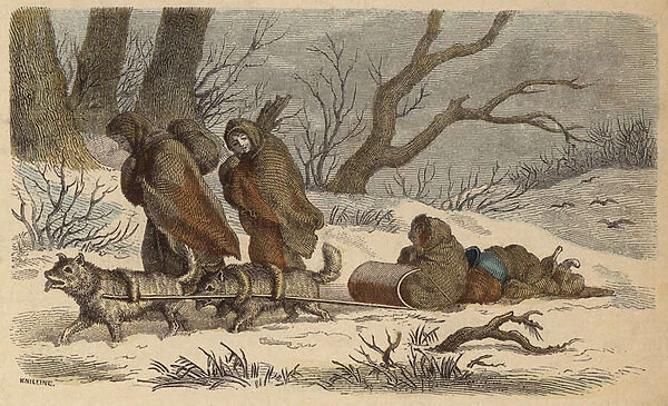A Native American sled (coloured engraving)