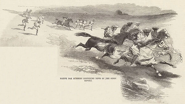 Native Dak Runners conveying News of the Sepoy Revolt (engraving)