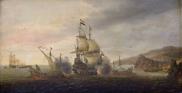 Naval Battle between Dutch Men-of-War and Spanish Galleys, c. 1633-50 (oil on panel)