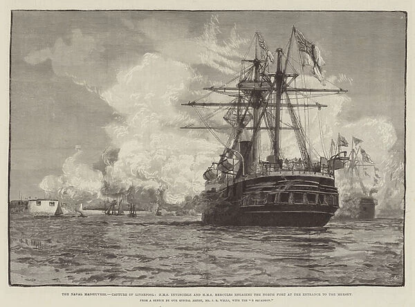 The Naval Manoeuvres, Capture of Liverpool, HMS Invincible and HMS Hercules engaging the North Fort at the Entrance to the Mersey (engraving)