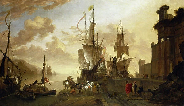 Navigation in Livorno (Italy), two ships moored at the dock, idealized description of the main port of Tuscany, the maritime crossroads between the East and the Muslim world, represented by the camel and non-European figures, and Europe