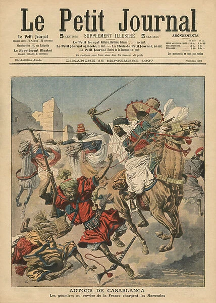 Near Casablanca, the goumiers charging at the Moroccans, illustration from Le Petit Journal, supplement illustre, 15th September 1907 (colour litho)