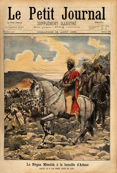 The negus Menelik II (1844-1913) sovereign of Ethiopia, winner at the Battle of Adua in 1896, against the Italian colonial troops. Engraving in 'Le petit journal'28  /  8  /  1898. Selva Collection
