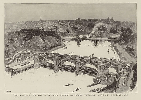 The new lock and weir at Richmond, showing the double footbridge above and the boat slide (engraving)