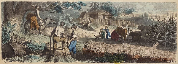 A new settlement in the American West (coloured engraving)