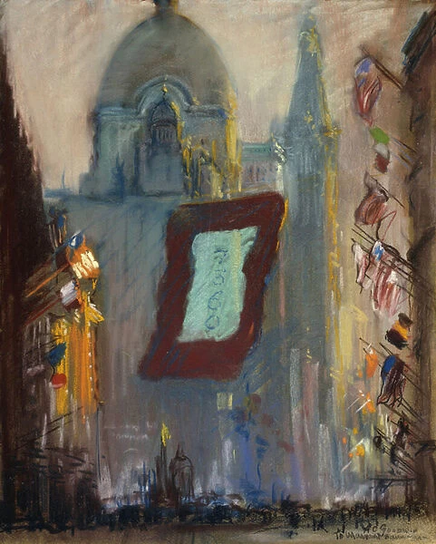 New York with Flags, (pastel on board)