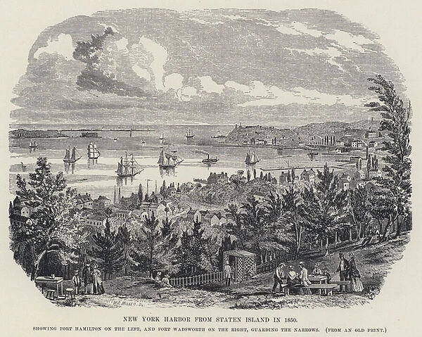 New York Harbor from Staten Island in 1850 (litho)