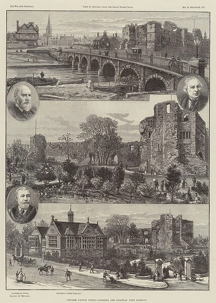 Newark Castle Public Gardens and Gilstrap Free Library (engraving)