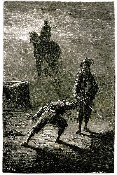 Night duel in the moonlight between Baron de Sigognac and Jacquemin Lampourde, under the equestrian statue of the King of Bronze. Engraving by Gustave Dore illustrating Theophile Gautier's novel ' Le capitaine Fracasse', edition Charpentier 1863