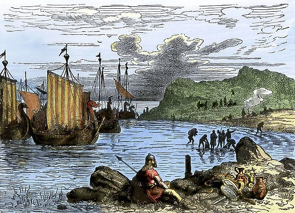 Norman Conquete of England: Norman invaders led by William I the Conquerant arriving on the English beaches in 1066. Colour engraving of the 19th century