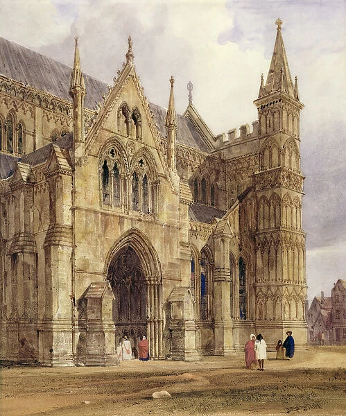 The North-West Porch of Salisbury Cathedral, 1832 (w  /  c with pen and brown ink over