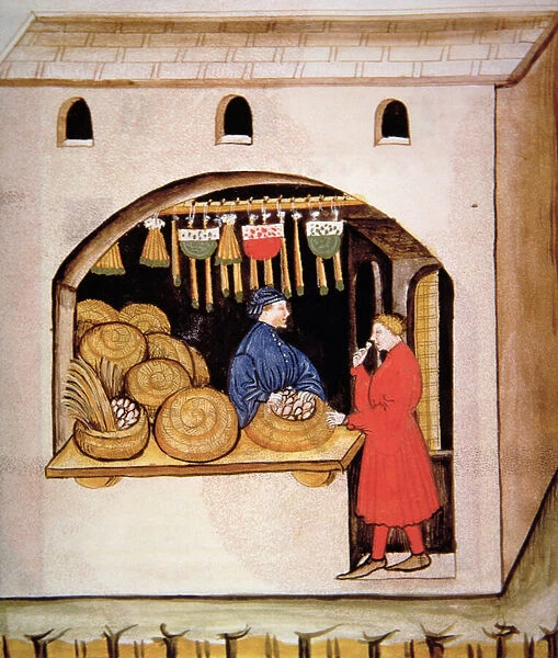 Nova 2644 fol. 56v The sale of dried figs, from Tacuinum Sanitatis (vellum)
