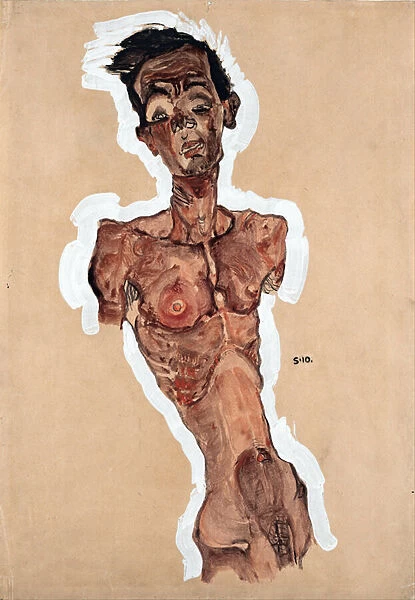 Nude Self-Portrait - Schiele, Egon (1890-1918) - 1910 - Black chalk, Gouache on Paper - 44, 9x31, 3 - Leopold Museum, Vienna