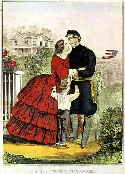 Off For the War Unionist (northern) soldier bidding farewell to his family before leaving for the American Civil War. After lithograph by Currier & Ives