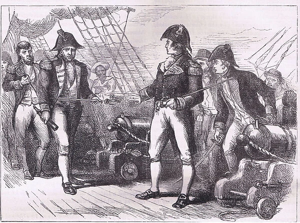 The officers of the Chesapeake offering their swords, illustration from Cassells History