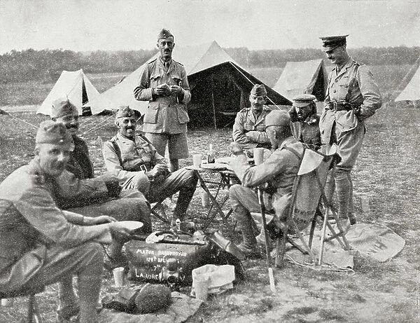 Officers commanding the Indian native troops in France during WWI, seen here eating a frugal lunch (litho)