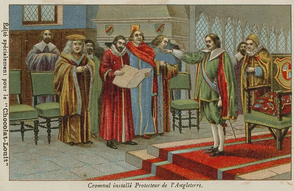 Oliver Cromwell sworn in as Lord Protector of England, Scotland and Ireland, 1653 (chromolitho)