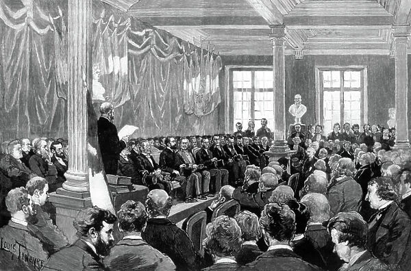 Opening of Pasteur Institute in Paris in presence of French president Sadi Carnot, Jacques-Joseph Grancher is making a speech, november 14, 1888, engraving after Louis Tinayre