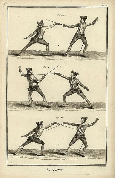 Outside parade called tierce and thrust, feather parade and carte over the arm, outside parade called thrust in seconds. Copperplate engraving by Robert Benard from the Fencing fencing section of Denis Diderot's Encyclopedia, Pellet, Geneva, 1779