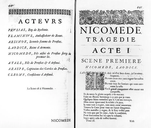 Page of the first act of Nicomede by Pierre Corneille (1606-84) (engraving