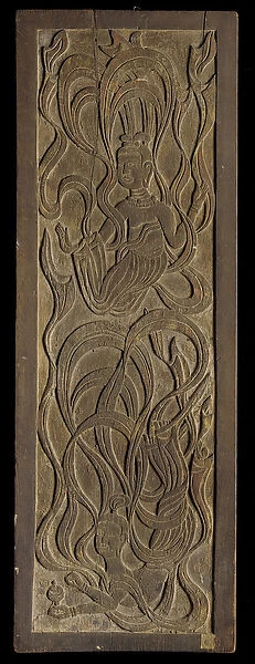 Panel with low-relief carving of Buddhist apsaras (wood)
