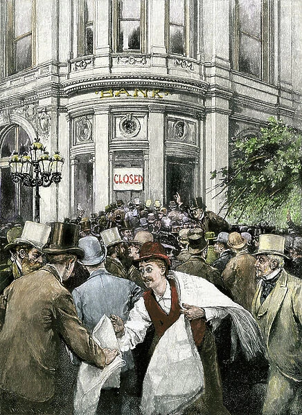 Panic of bank customers rushing to collect their money during a financial crisis in the United States, 19th century. Colourful engraving of the 19th century