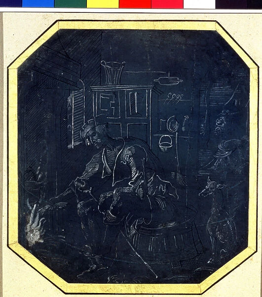 Parabole du Fils Prodigue : le jeune fils devant le feu. Dessin du Maitre d Anvers (actif vers 1520), debut 16eme siecle. Musee Pouchkine, Moscou