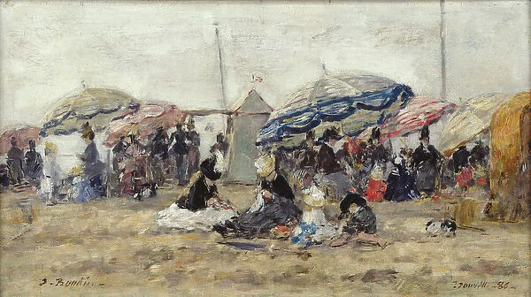 Parasols on the Beach at Trouville, 1886 (oil on wood)