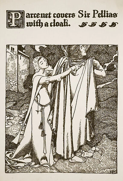 Parcenet covers Sir Pellias with a cloak, illustration from '