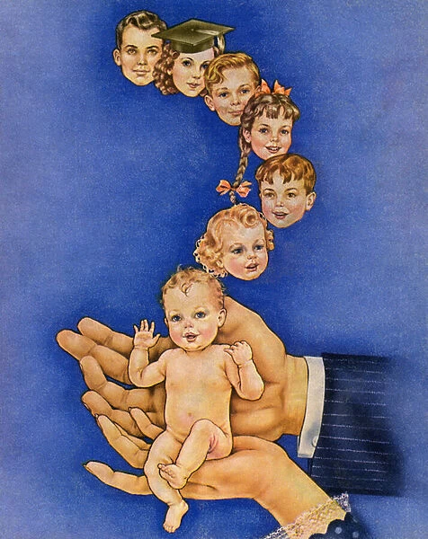 Parents Hands Holding Children Growing from Birth to Adulthood, 1947 (screen print)