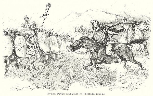 Parthian cavalry attacking Roman legionaries (engraving)