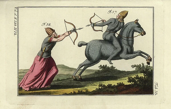 Parthian cavalry rider and horse in full scale armour, and Sarmatian archer in scale armour. Handcolored copperplate engraving from Robert von Spalart's ' Historical Picture of the Costumes of the Principal People of Antiquity