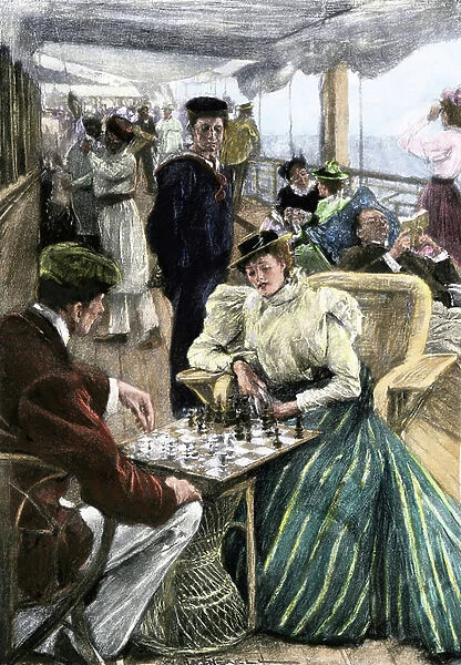 Passenger leisure on the deck of a P & O liner, chess game, reading, conversation, under the gaze of a crew member, circa 1900. Colour engraving
