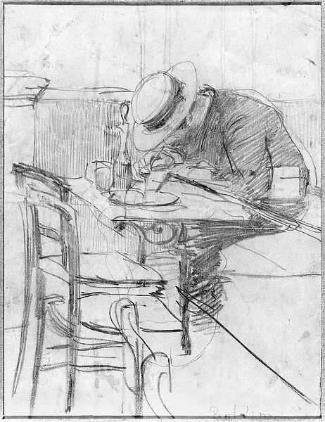 Paul Cesar Helleu at a table in a cafe (pencil on paper) (b  /  w photo)