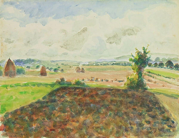 Paysage a Eragny, temps clair, 1890 (watercolor and pencil on paper)